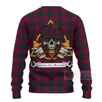 Tartan Vibes Clothing Lindsay Tartan Knitted Sweater with Family Crest and Bearded Skull Holding Bottles of Whiskey
