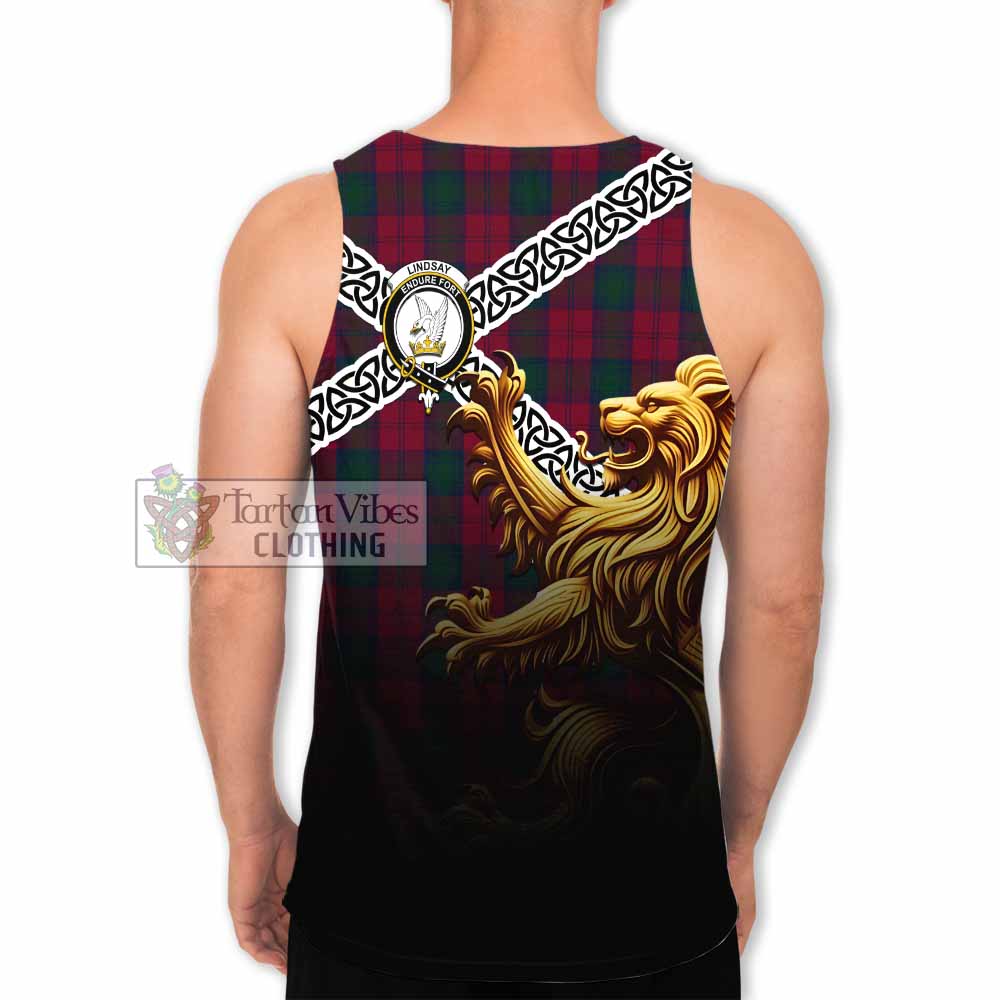 Tartan Vibes Clothing Lindsay Crest Tartan Men's Tank Top with Golden Lion Emblem Celtic Style