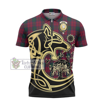 Lindsay Tartan Zipper Polo Shirt with Family Crest Celtic Wolf Style