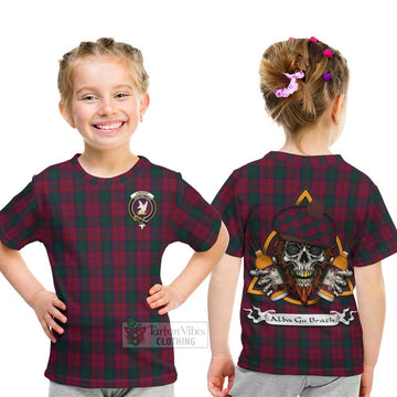 Tartan Vibes Clothing Lindsay Tartan Kid T-Shirt with Family Crest and Bearded Skull Holding Bottles of Whiskey