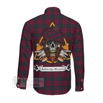 Lindsay Tartan Long Sleeve Button Shirt with Family Crest and Bearded Skull Holding Bottles of Whiskey