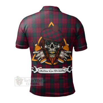 Tartan Vibes Clothing Lindsay Tartan Polo Shirt with Family Crest and Bearded Skull Holding Bottles of Whiskey