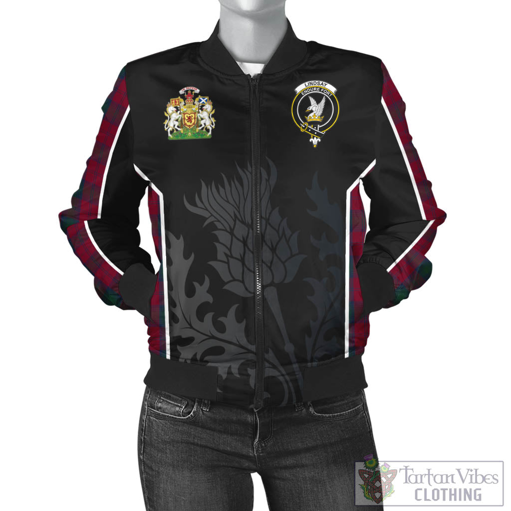 Tartan Vibes Clothing Lindsay Tartan Bomber Jacket with Family Crest and Scottish Thistle Vibes Sport Style