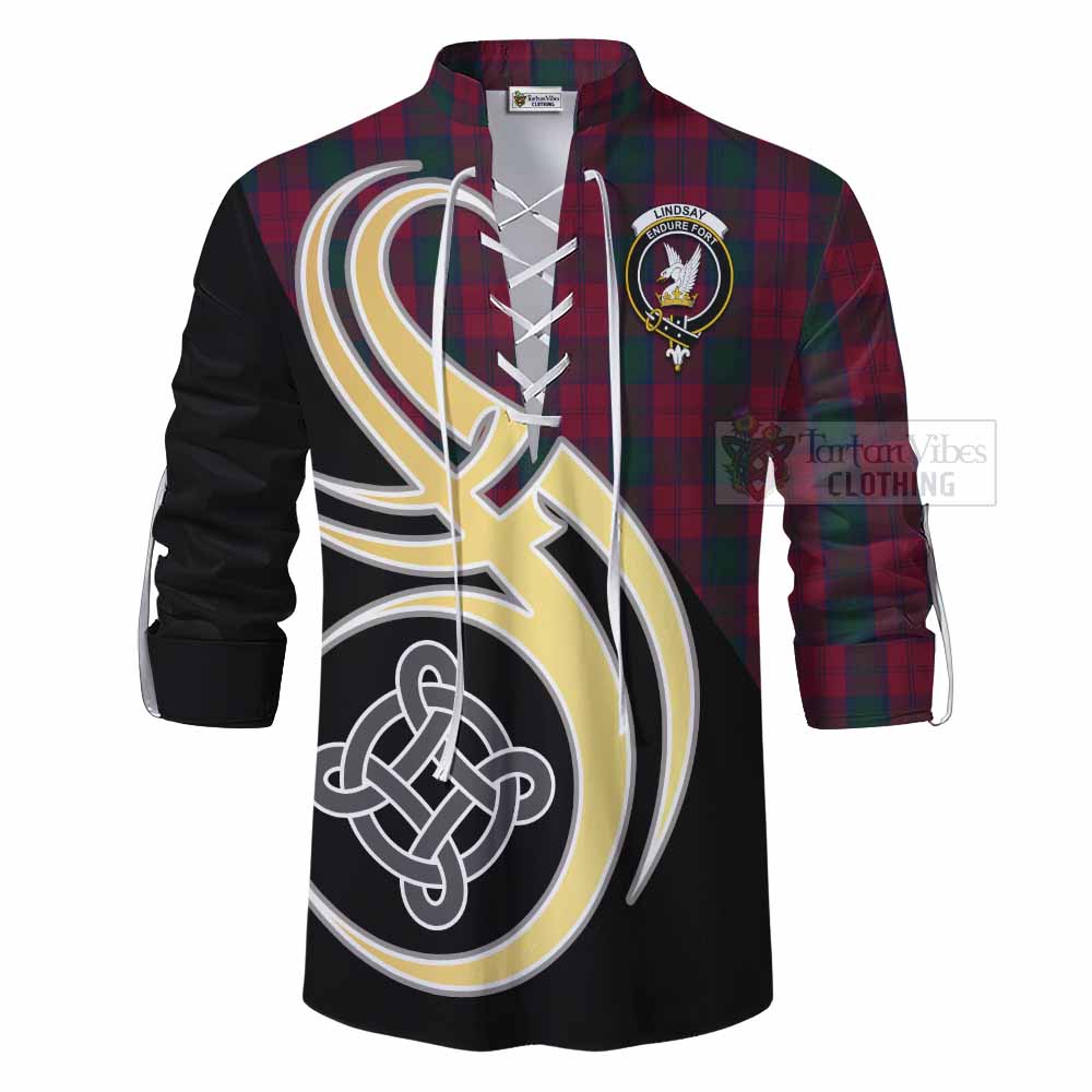 Tartan Vibes Clothing Lindsay Tartan Ghillie Kilt Shirt with Family Crest and Celtic Symbol Style