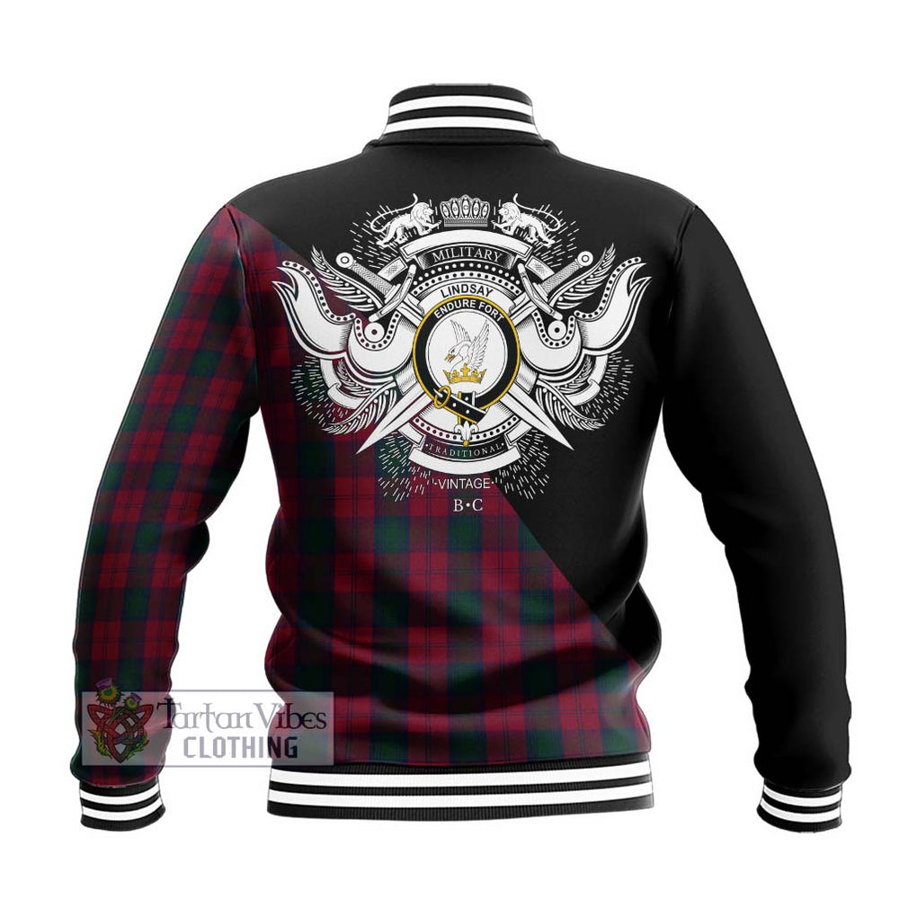 Lindsay Tartan Baseball Jacket with Family Crest and Military Logo Style - Tartanvibesclothing Shop