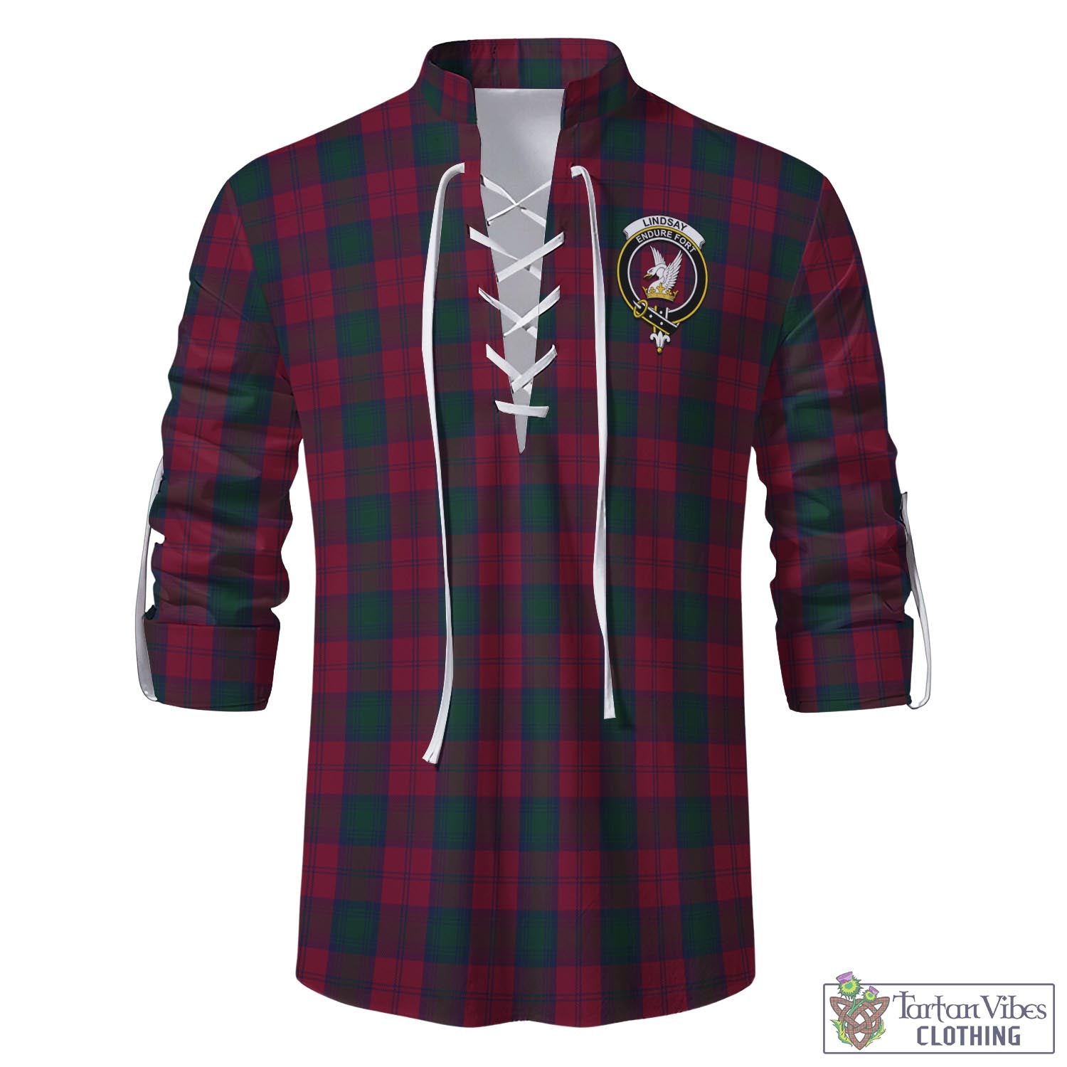 Tartan Vibes Clothing Lindsay Tartan Men's Scottish Traditional Jacobite Ghillie Kilt Shirt with Family Crest