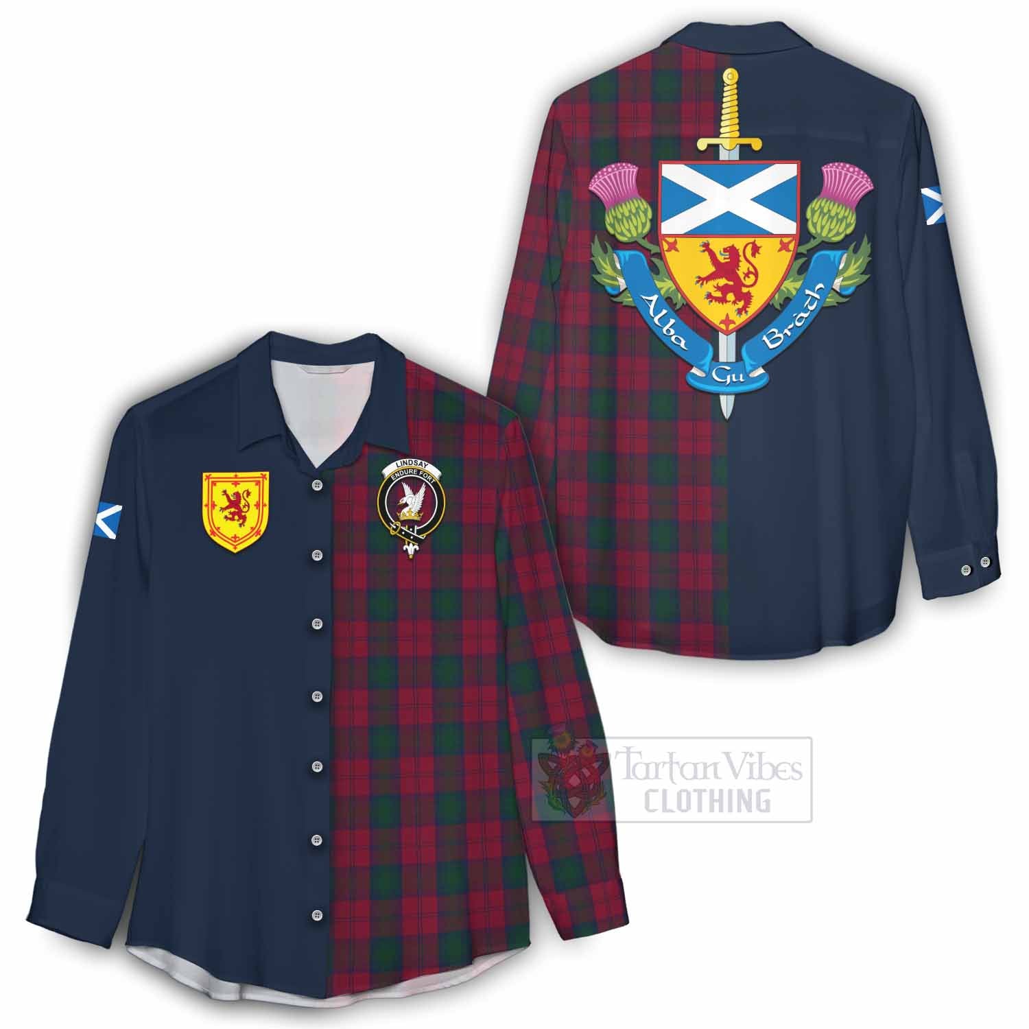 Tartan Vibes Clothing Lindsay Tartan Women's Casual Shirt Alba with Scottish Lion Royal Arm Half Style