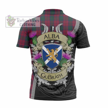 Lindsay Tartan Family Crest Zipper Polo Shirt Lion Rampant Royal Thistle Shield Celtic Inspired