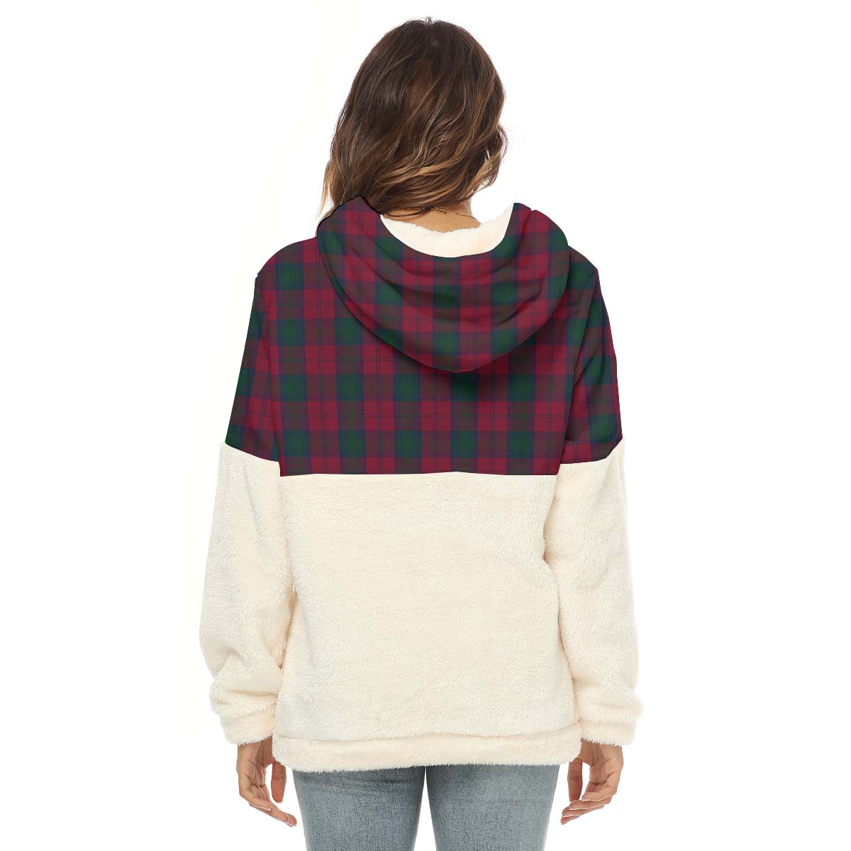 Lindsay Tartan Women's Borg Fleece Hoodie With Half Zip with Family Crest - Tartan Vibes Clothing