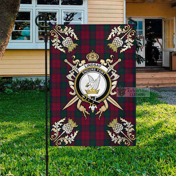 Lindsay Tartan Garden Flag with Family Crest and Golden Thistle Crossed Sword Design Garden Flag - Tartan Vibes Clothing