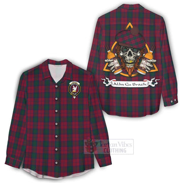Tartan Vibes Clothing Lindsay Tartan Women's Casual Shirt with Family Crest and Bearded Skull Holding Bottles of Whiskey