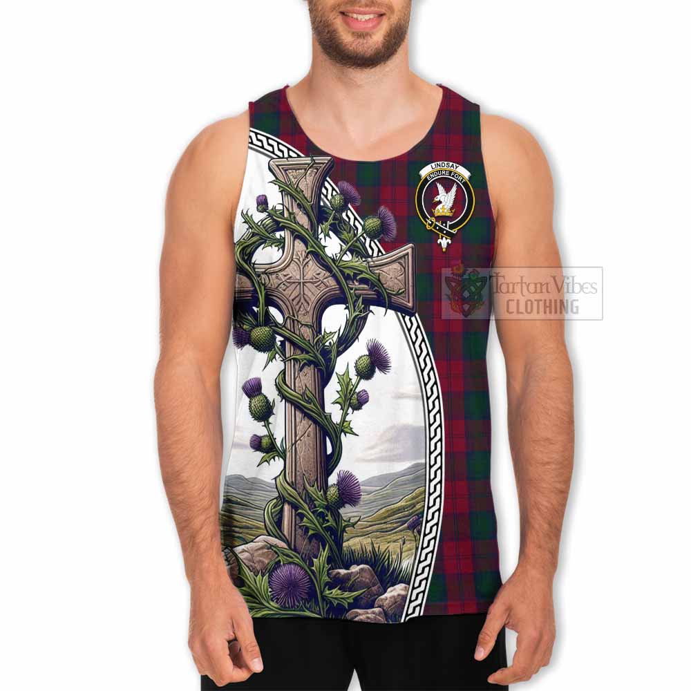 Tartan Vibes Clothing Lindsay Tartan Men's Tank Top with Family Crest and St. Andrew's Cross Accented by Thistle Vines