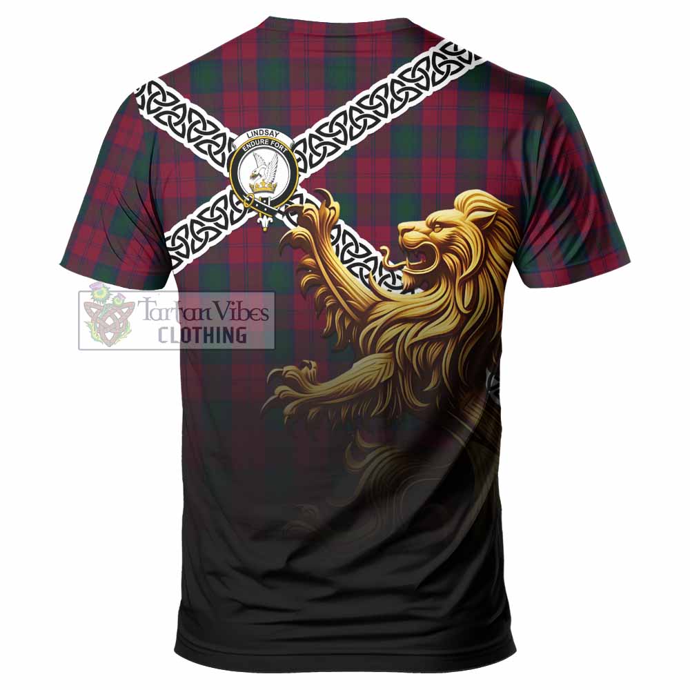 Tartan Vibes Clothing Lindsay Crest Tartan T-Shirt with Golden Lion Emblem Celtic Style