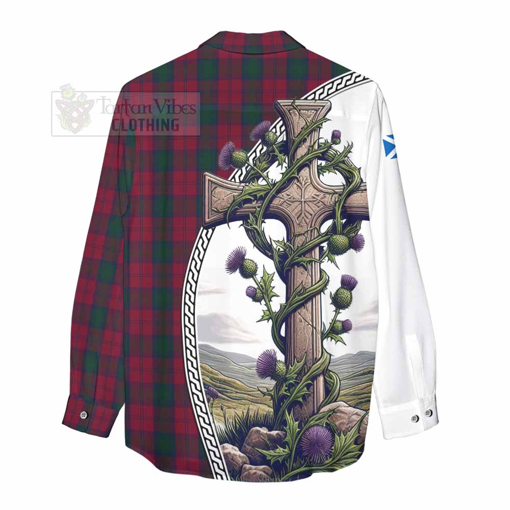 Tartan Vibes Clothing Lindsay Tartan Women's Casual Shirt with Family Crest and St. Andrew's Cross Accented by Thistle Vines