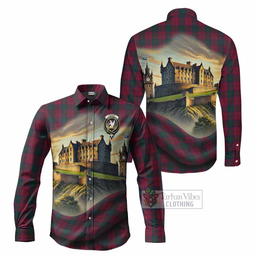 Tartan Vibes Clothing Lindsay Tartan Family Crest Long Sleeve Button Shirt with Scottish Ancient Castle Style