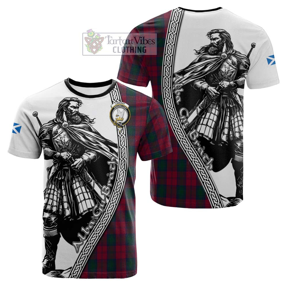 Lindsay Tartan Clan Crest Cotton T-shirt with Highlander Warrior Celtic Style