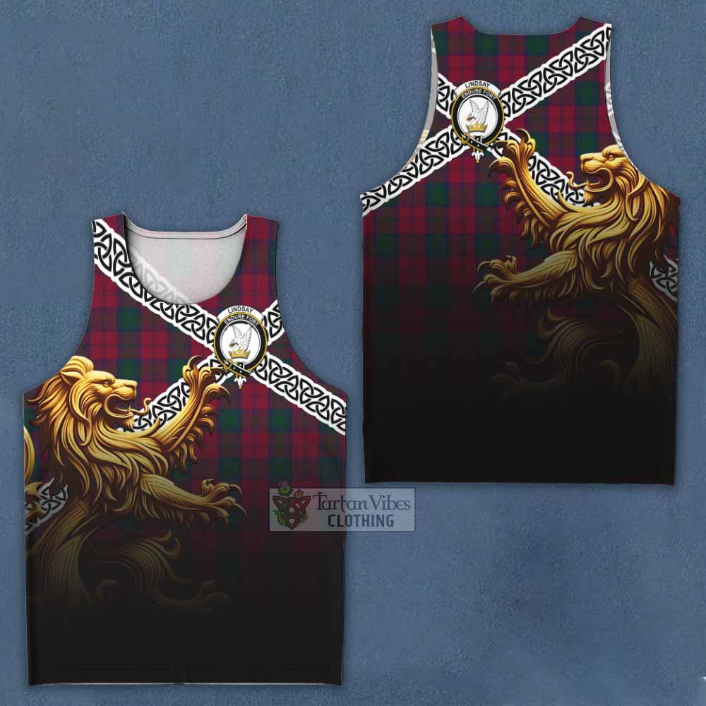 Tartan Vibes Clothing Lindsay Crest Tartan Men's Tank Top with Golden Lion Emblem Celtic Style
