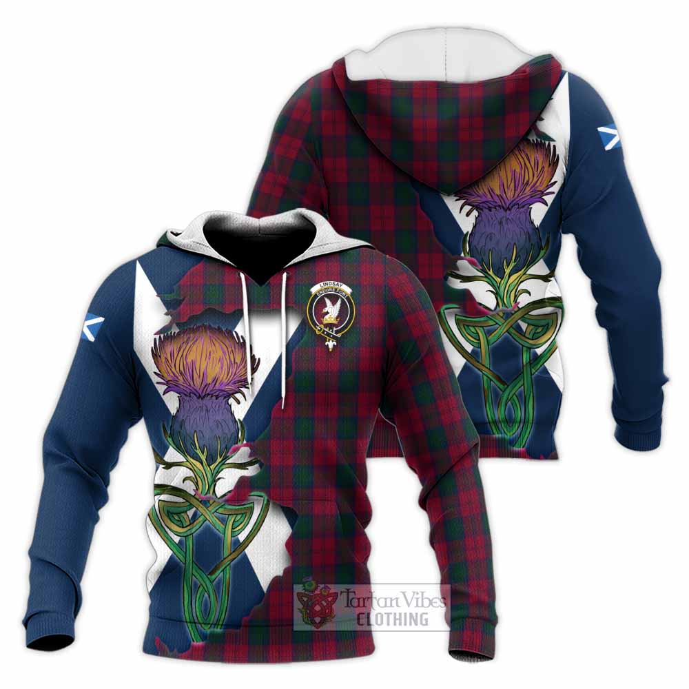Tartan Vibes Clothing Lindsay Tartan Family Crest Knitted Hoodie Scottish Thistle Celtic Inspired