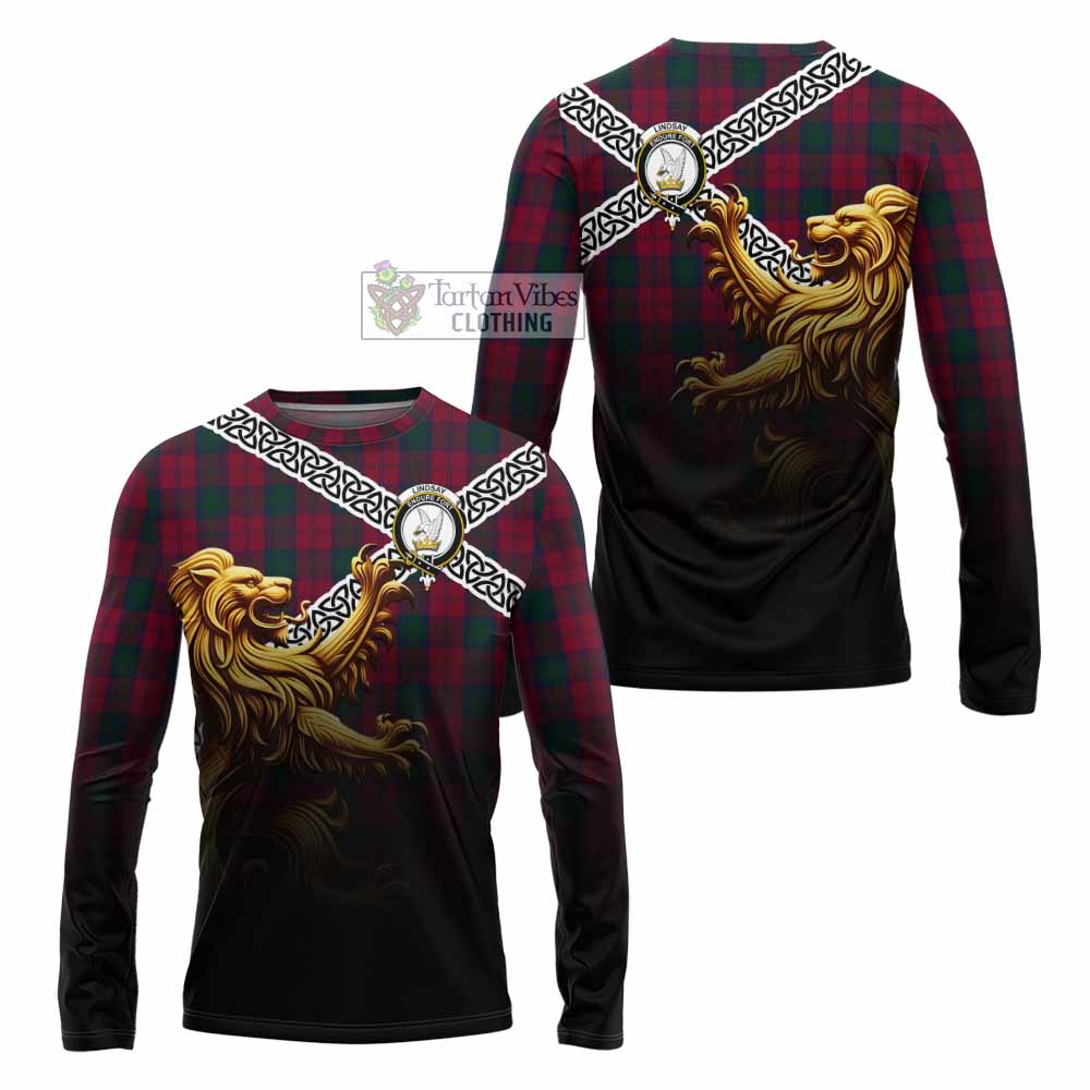 Tartan Vibes Clothing Lindsay Crest Tartan Long Sleeve T-Shirt with Golden Lion Emblem Celtic Style