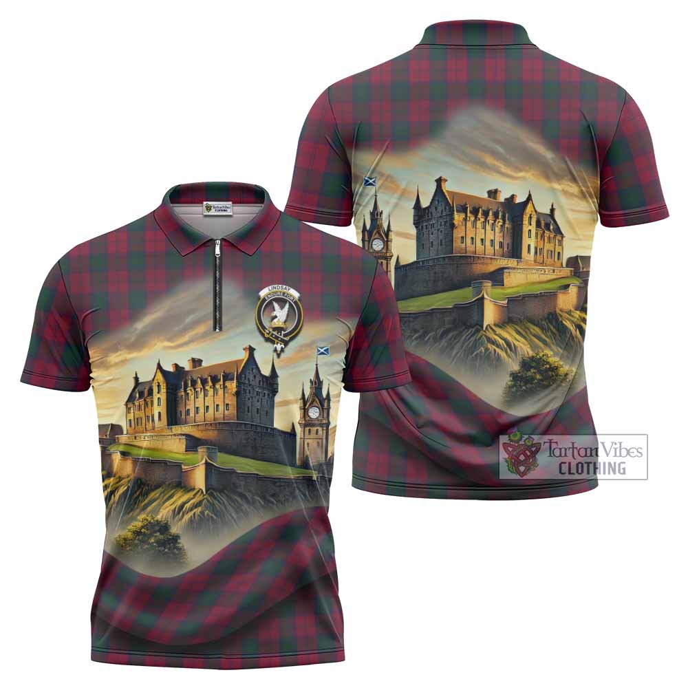 Tartan Vibes Clothing Lindsay Tartan Family Crest Zipper Polo Shirt with Scottish Ancient Castle Stype