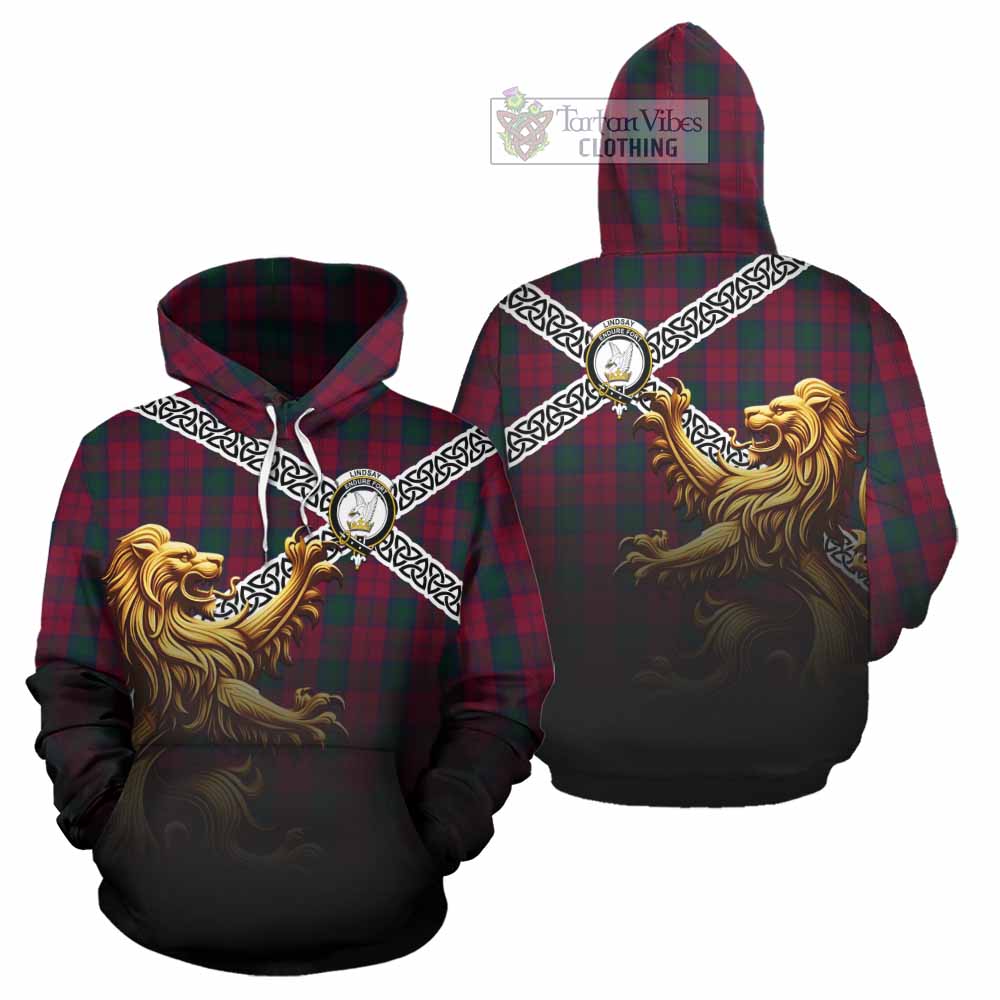 Tartan Vibes Clothing Lindsay Crest Tartan Hoodie with Golden Lion Emblem Celtic Style