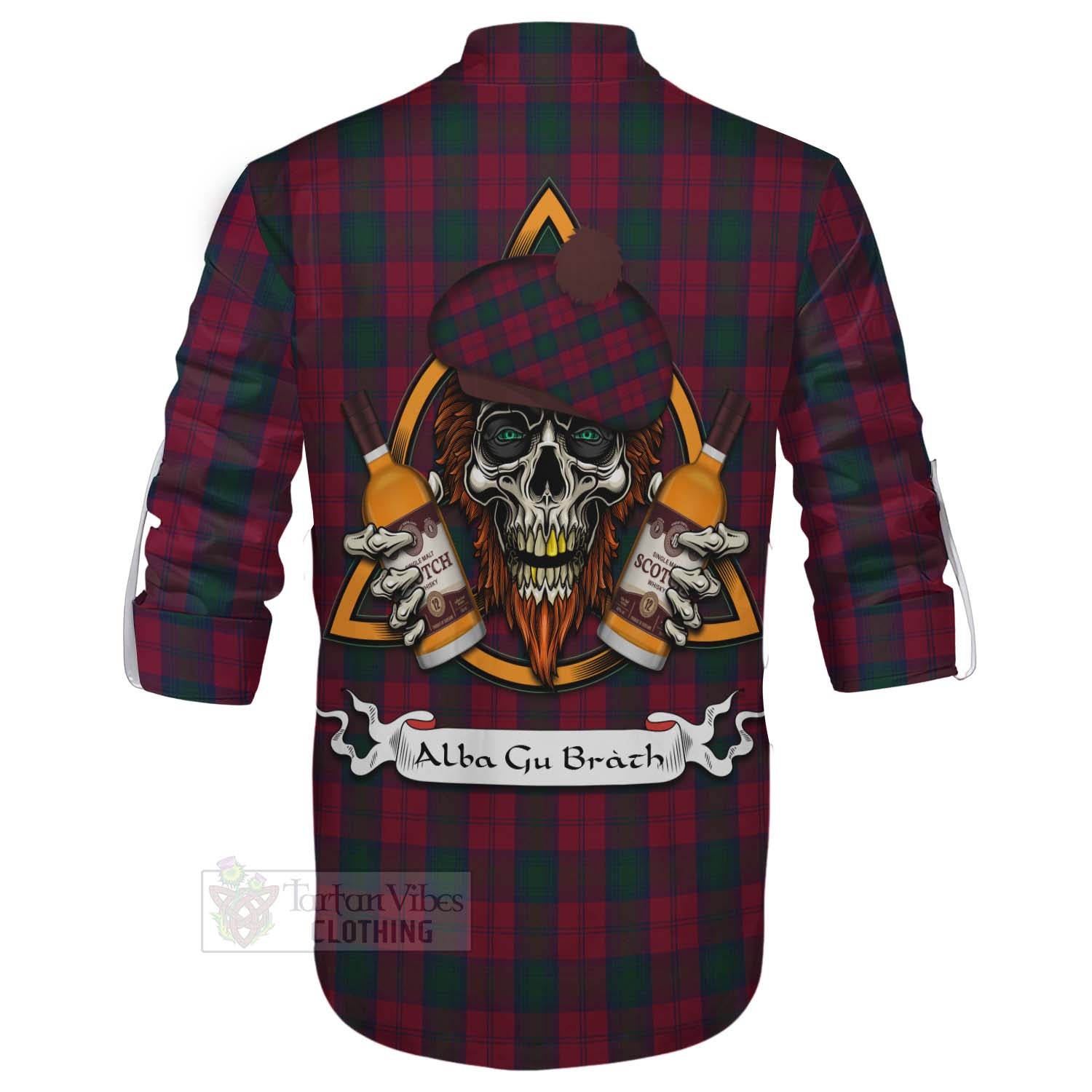 Tartan Vibes Clothing Lindsay Tartan Ghillie Kilt Shirt with Family Crest and Bearded Skull Holding Bottles of Whiskey