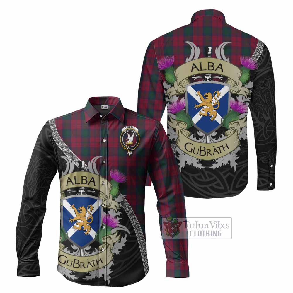 Tartan Vibes Clothing Lindsay Tartan Family Crest Long Sleeve Button Shirt Lion Rampant Royal Thistle Shield Celtic Inspired