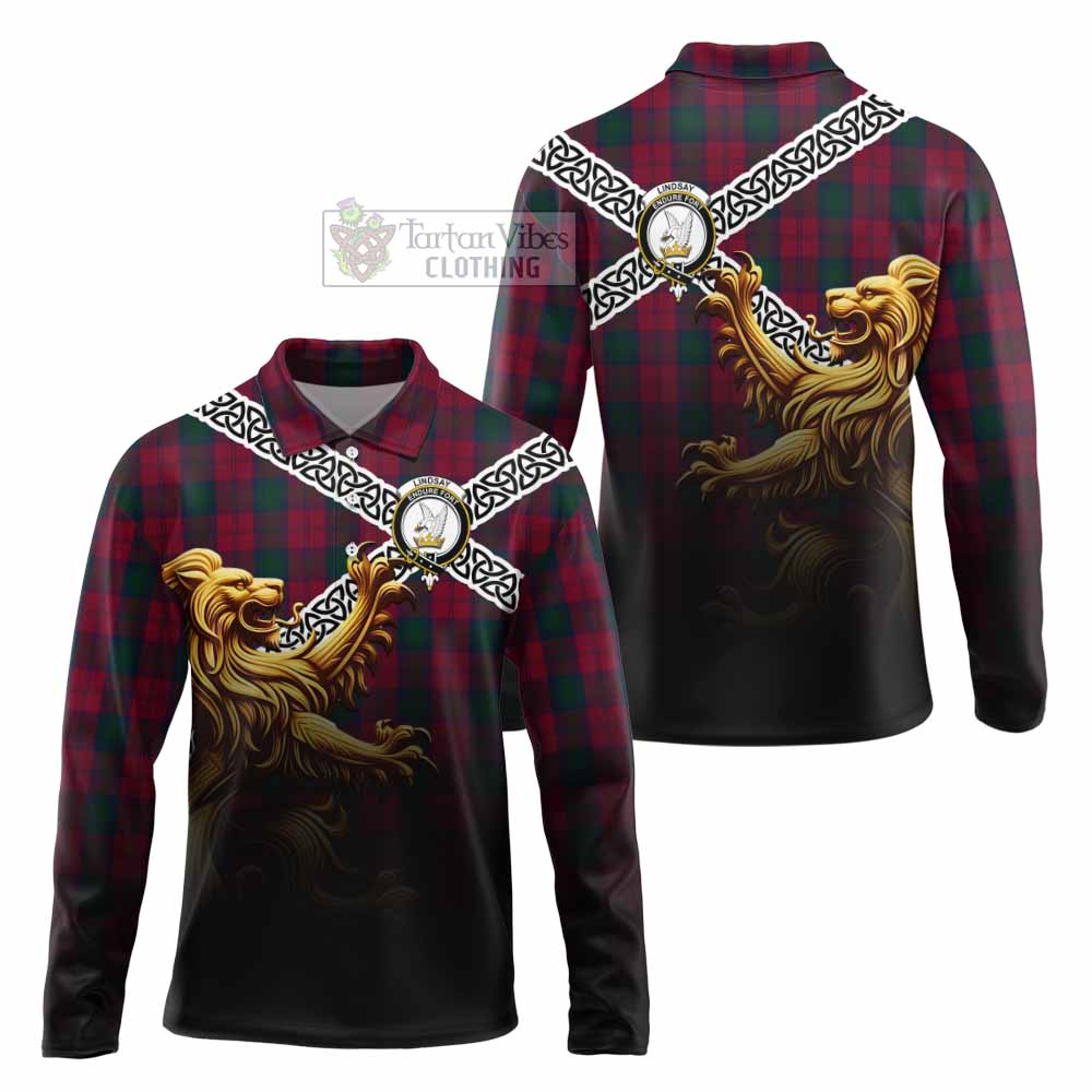 Tartan Vibes Clothing Lindsay Crest Tartan Long Sleeve Polo Shirt with Golden Lion Emblem Celtic Style