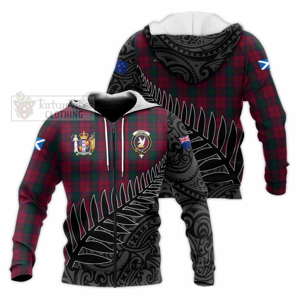 Tartan Vibes Clothing Lindsay Crest Tartan Knitted Hoodie with New Zealand Silver Fern Half Style