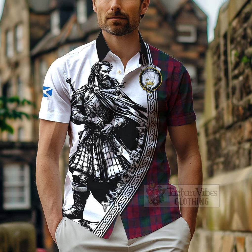 Tartan Vibes Clothing Lindsay Tartan Clan Crest Short Sleeve Button Shirt with Highlander Warrior Celtic Style