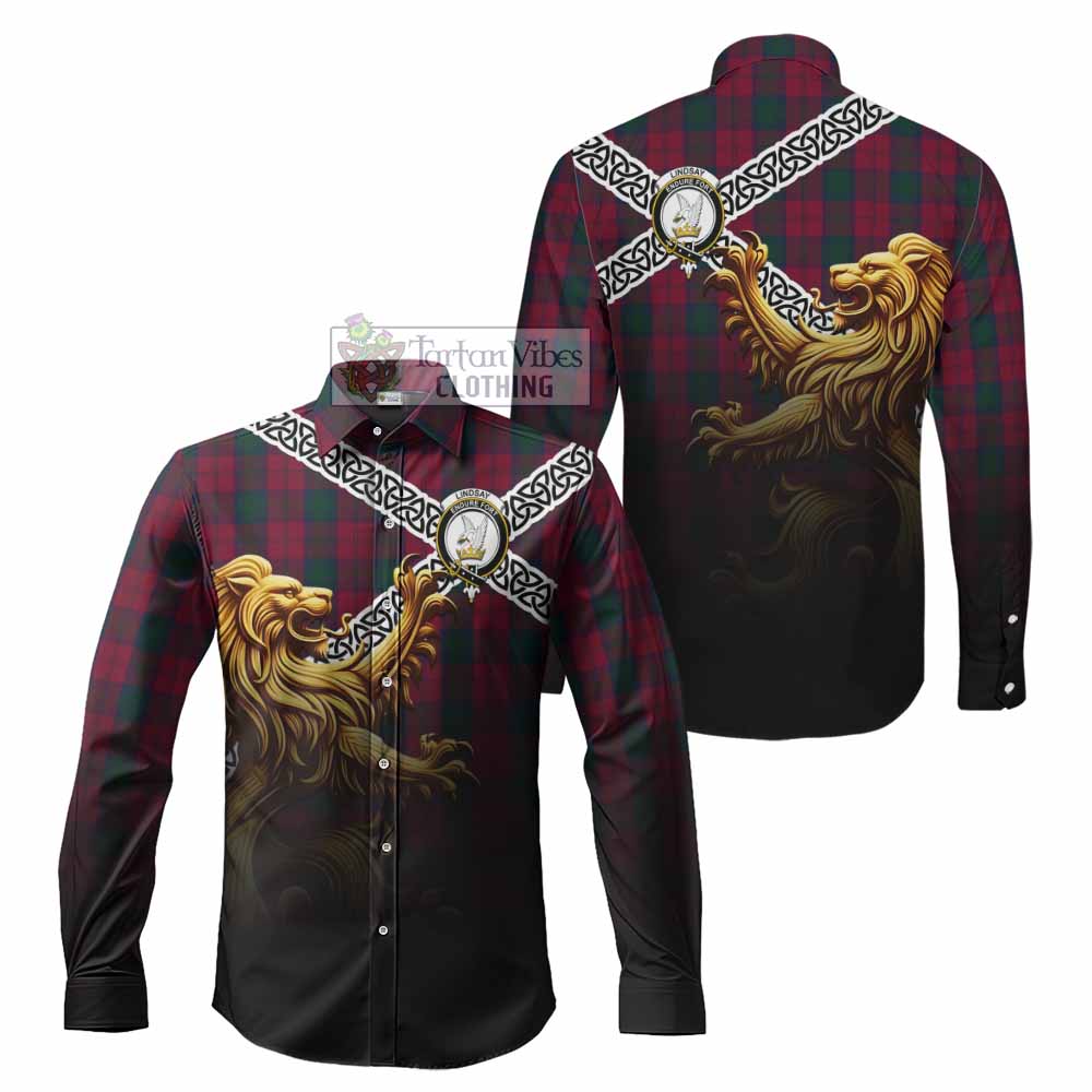 Tartan Vibes Clothing Lindsay Crest Tartan Long Sleeve Button Shirt with Golden Lion Emblem Celtic Style