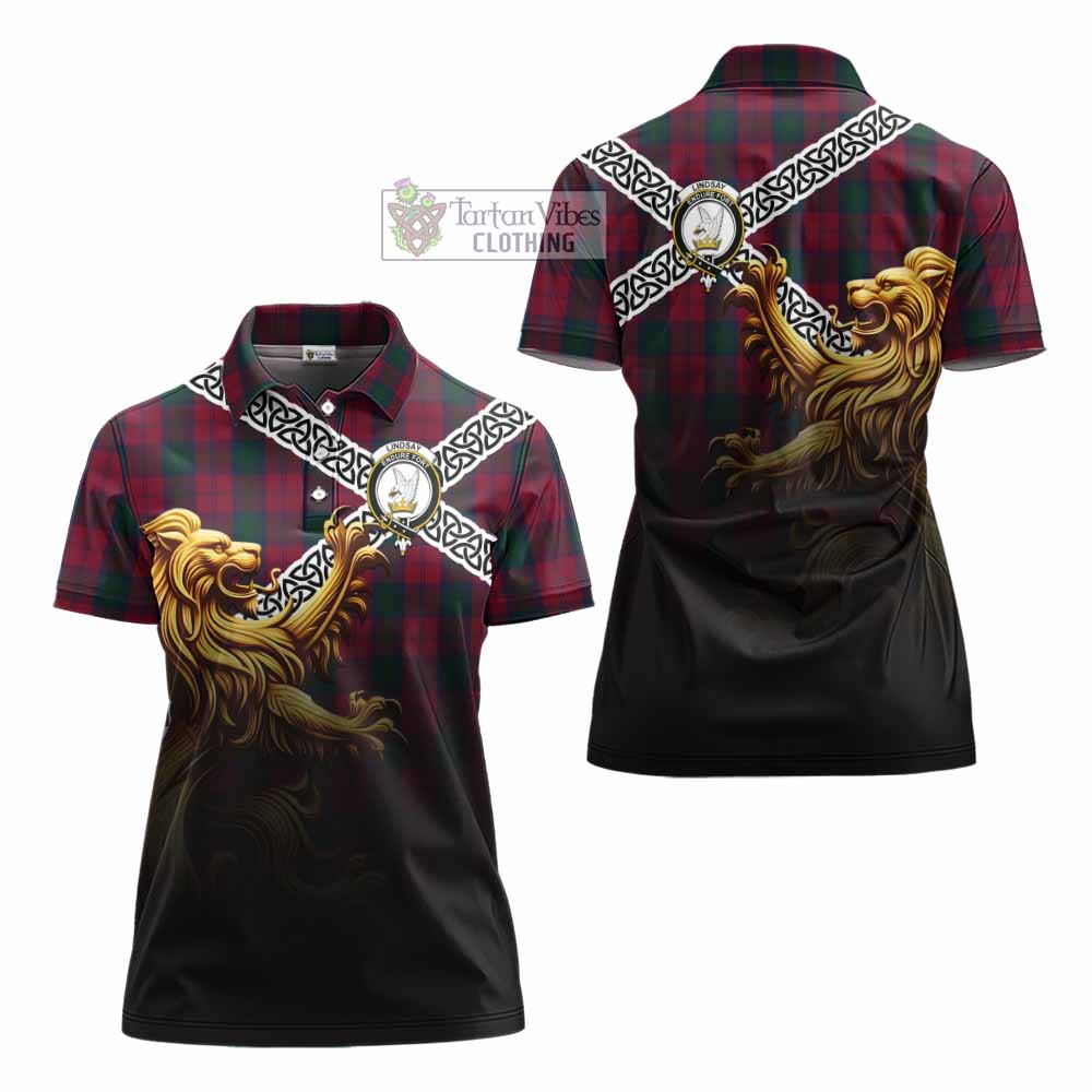 Tartan Vibes Clothing Lindsay Crest Tartan Women's Polo Shirt with Golden Lion Emblem Celtic Style