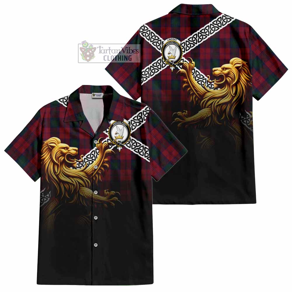 Tartan Vibes Clothing Lindsay Crest Tartan Short Sleeve Button Shirt with Golden Lion Emblem Celtic Style