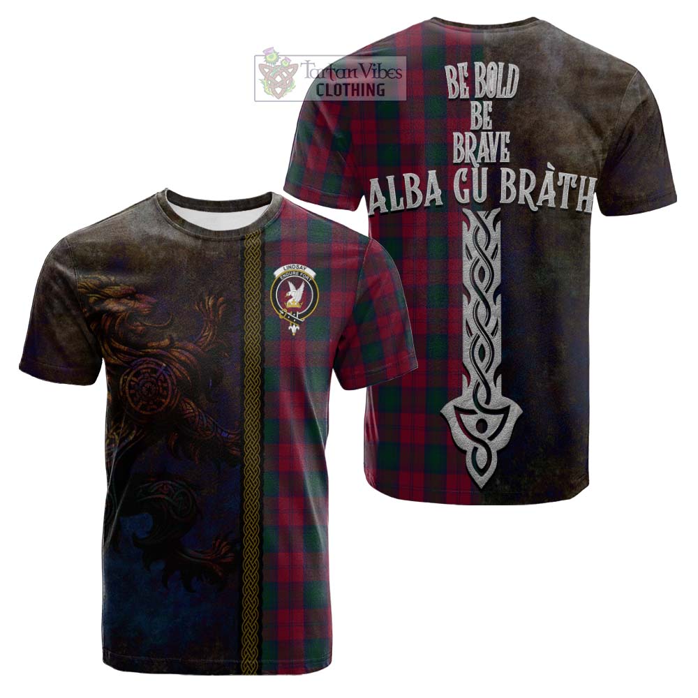 Tartan Vibes Clothing Lindsay Tartan Family Crest Cotton T-shirt Alba Gu Brath Be Brave Lion Ancient Style