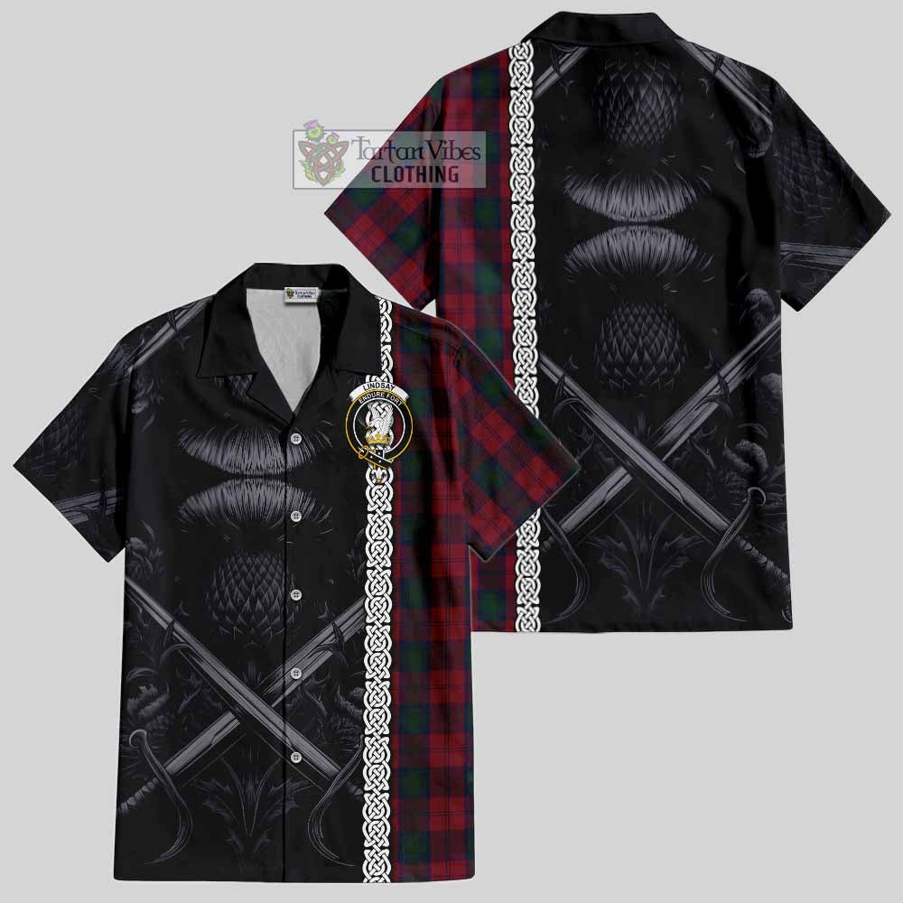Tartan Vibes Clothing Lindsay Tartan Short Sleeve Button Shirt with Family Crest Cross Sword Thistle Celtic Vibes