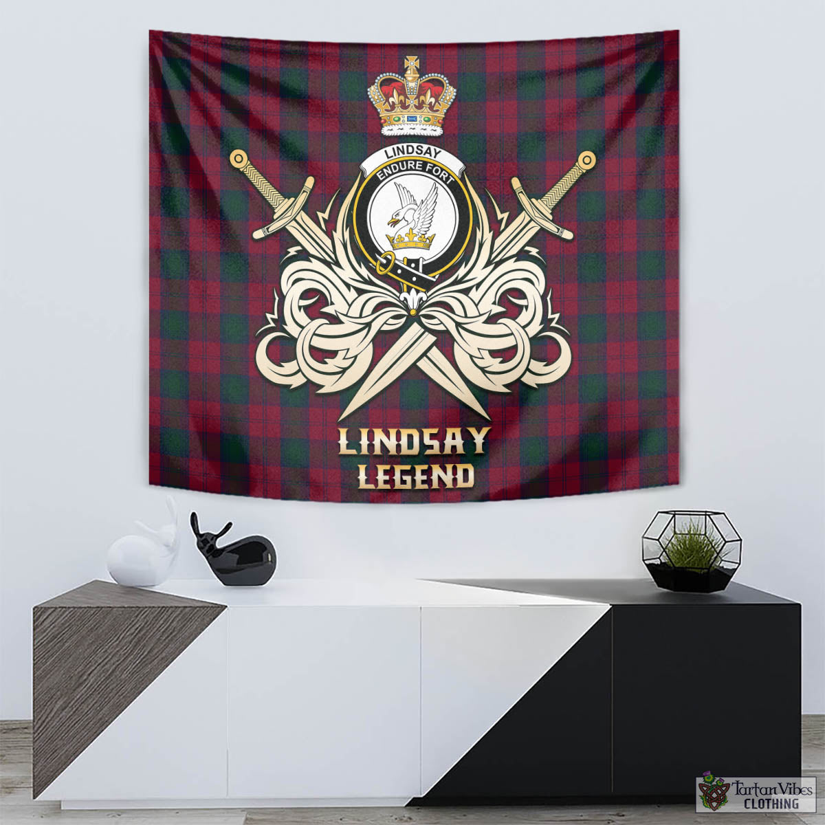 Tartan Vibes Clothing Lindsay Tartan Tapestry with Clan Crest and the Golden Sword of Courageous Legacy