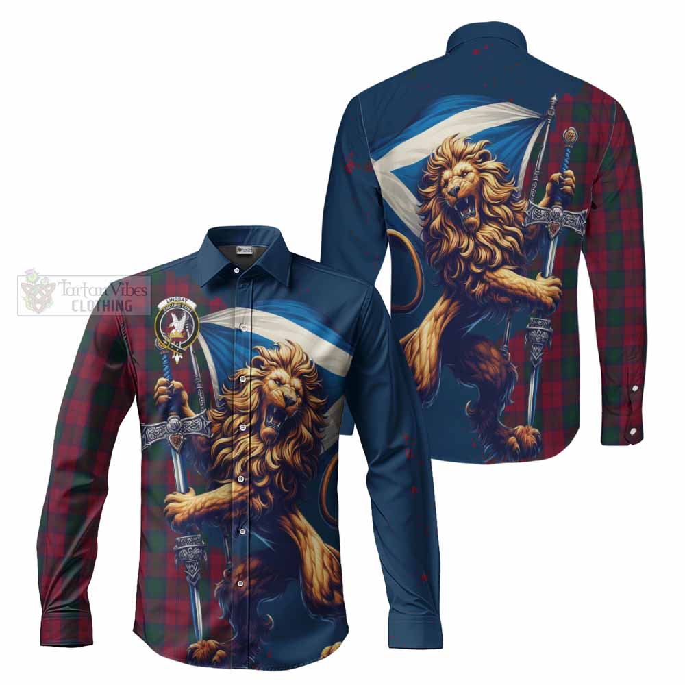 Tartan Vibes Clothing Lindsay Tartan Family Crest Long Sleeve Button Shirt with Scottish Majestic Lion