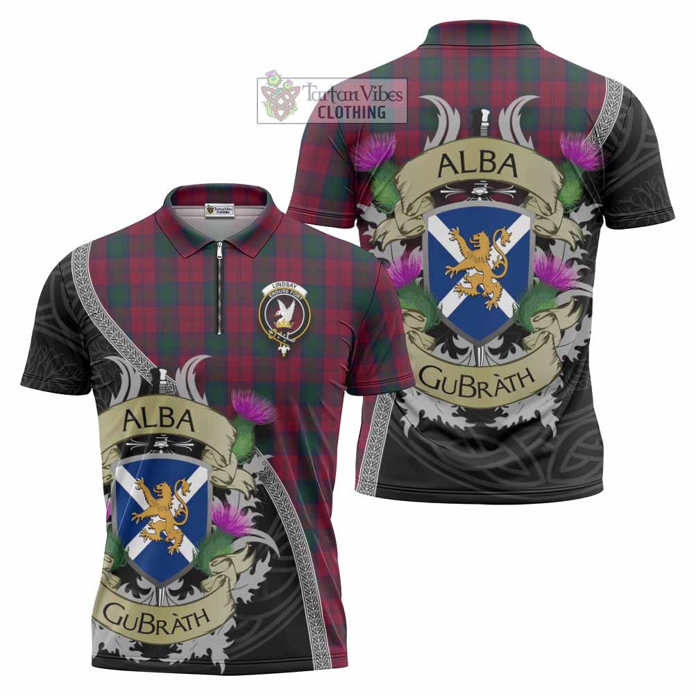 Tartan Vibes Clothing Lindsay Tartan Family Crest Zipper Polo Shirt Lion Rampant Royal Thistle Shield Celtic Inspired