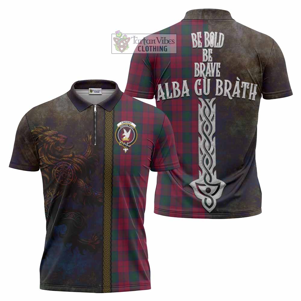Tartan Vibes Clothing Lindsay Tartan Family Crest Zipper Polo Shirt Alba Gu Brath Be Brave Lion Ancient Style