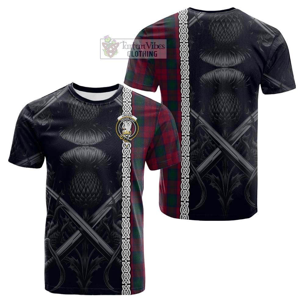 Tartan Vibes Clothing Lindsay Tartan Cotton T-shirt with Family Crest Cross Sword Thistle Celtic Vibes