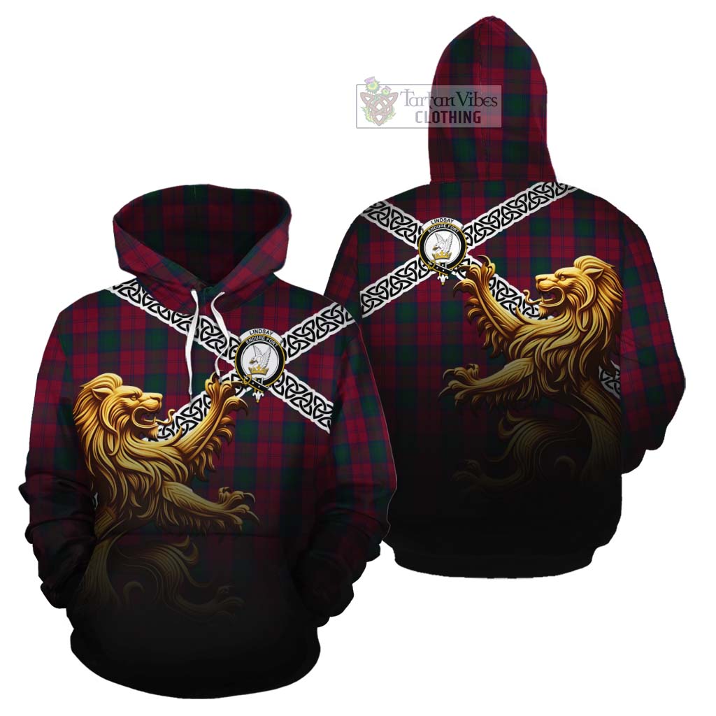 Tartan Vibes Clothing Lindsay Crest Tartan Cotton Hoodie with Golden Lion Emblem Celtic Style