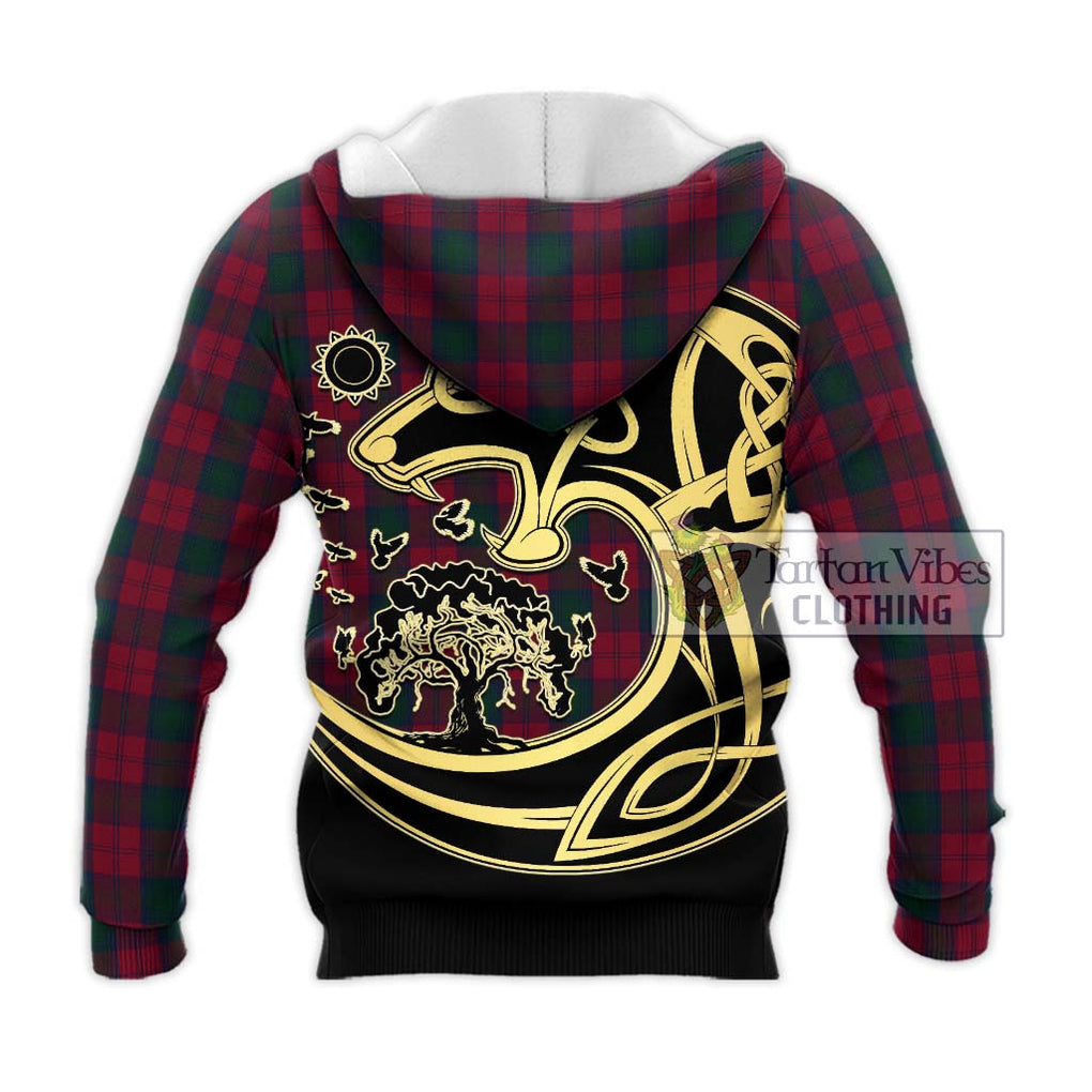 Lindsay Tartan Knitted Hoodie with Family Crest Celtic Wolf Style - Tartan Vibes Clothing
