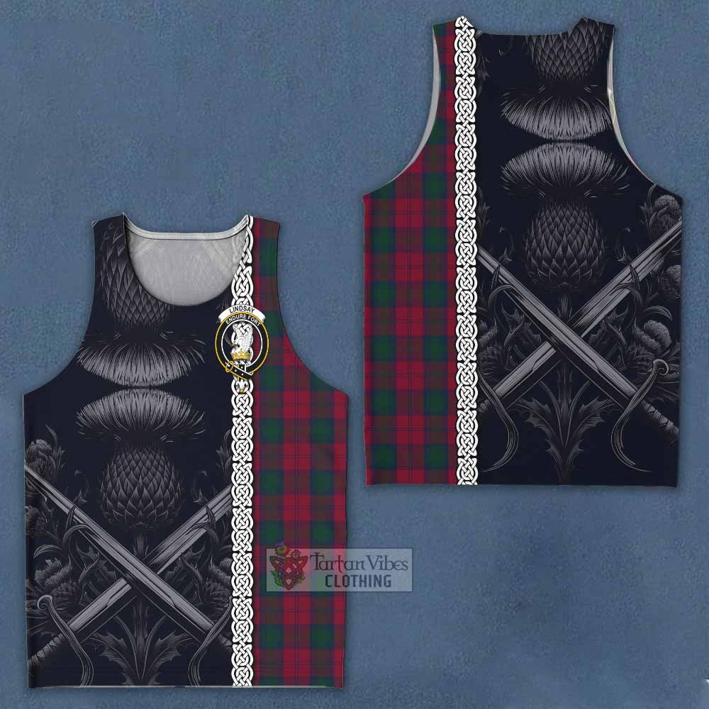 Tartan Vibes Clothing Lindsay Tartan Men's Tank Top with Family Crest Cross Sword Thistle Celtic Vibes