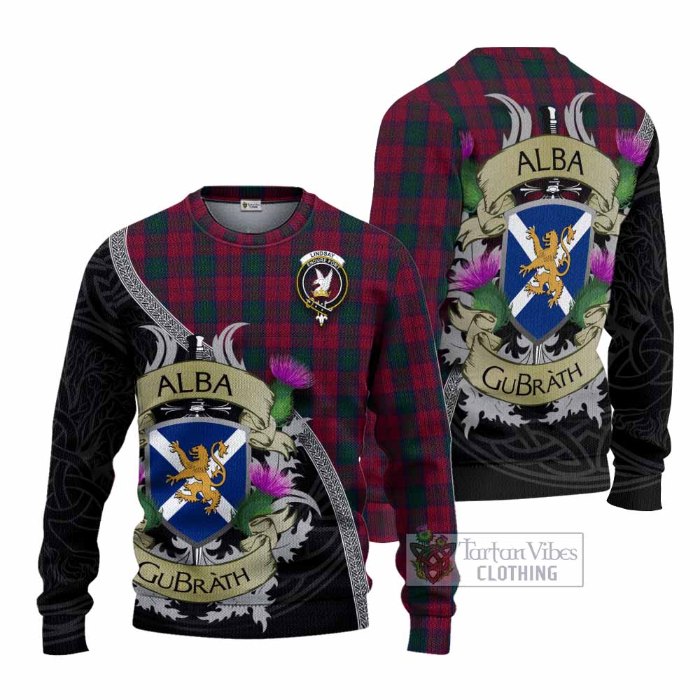 Tartan Vibes Clothing Lindsay Tartan Family Crest Knitted Sweater Lion Rampant Royal Thistle Shield Celtic Inspired