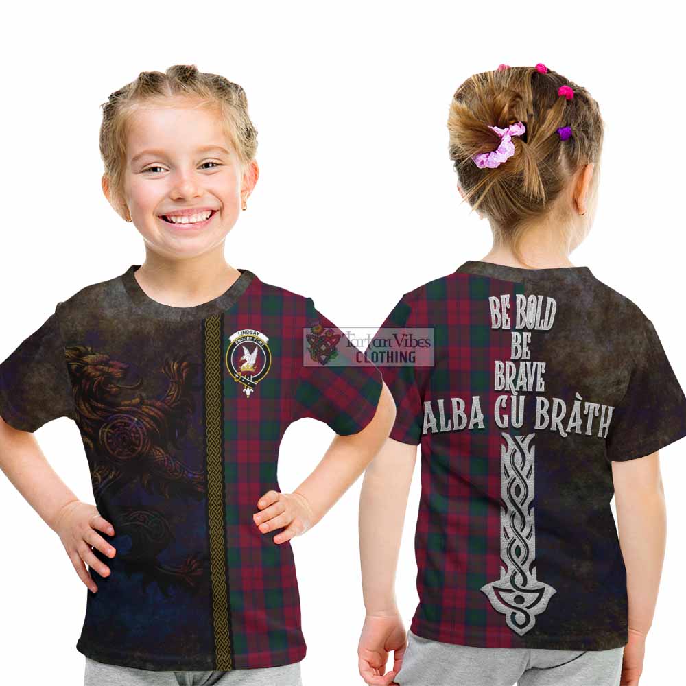 Tartan Vibes Clothing Lindsay Tartan Family Crest Kid T-Shirt Alba Gu Brath Be Brave Lion Ancient Style
