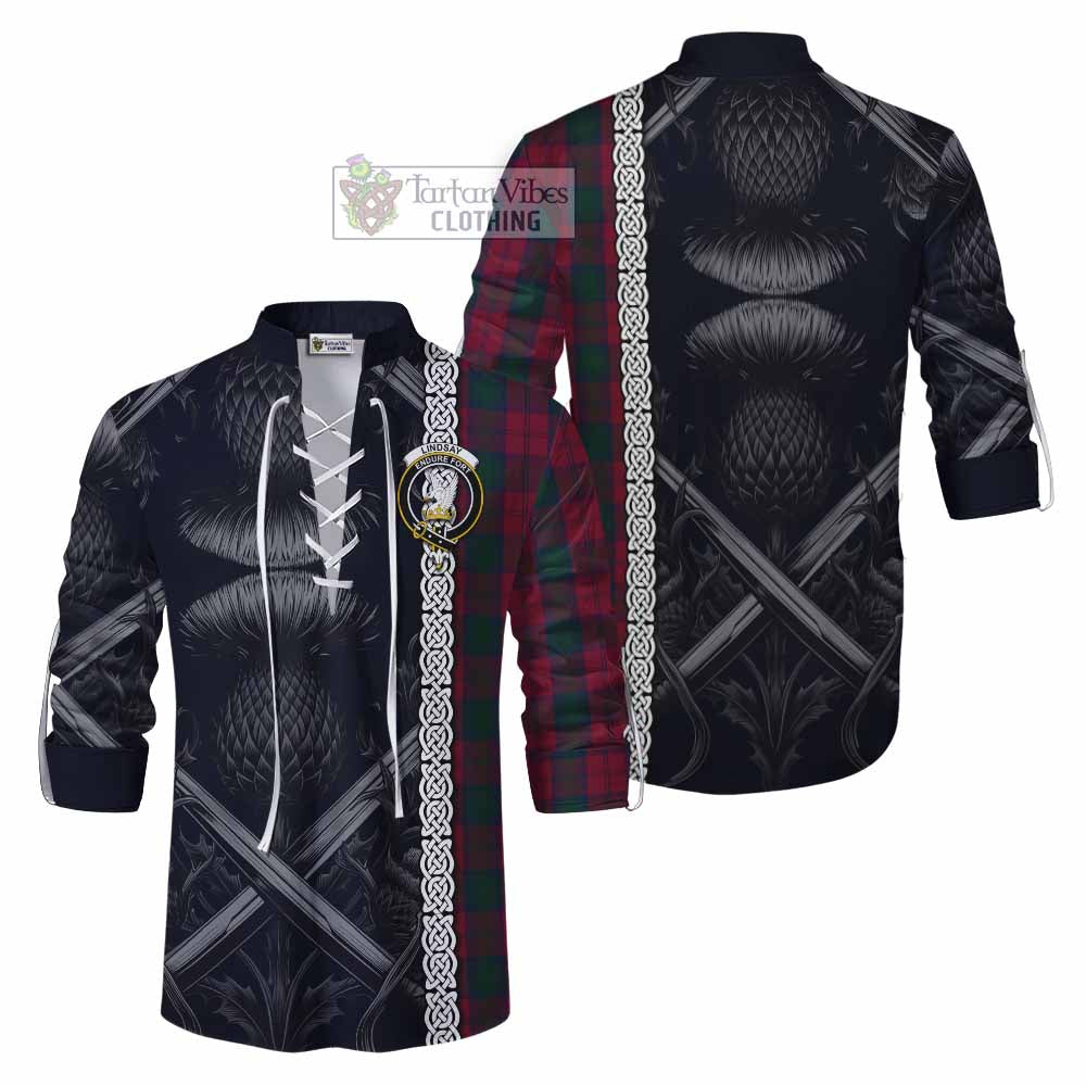 Tartan Vibes Clothing Lindsay Tartan Ghillie Kilt Shirt with Family Crest Cross Sword Thistle Celtic Vibes