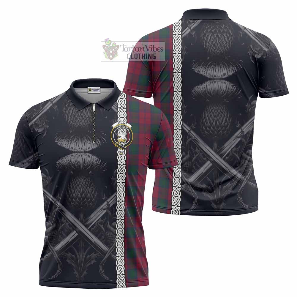 Tartan Vibes Clothing Lindsay Tartan Zipper Polo Shirt with Family Crest Cross Sword Thistle Celtic Vibes