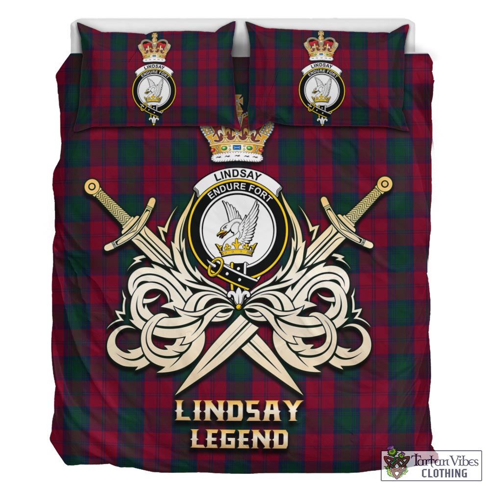 Tartan Vibes Clothing Lindsay Tartan Bedding Set with Clan Crest and the Golden Sword of Courageous Legacy