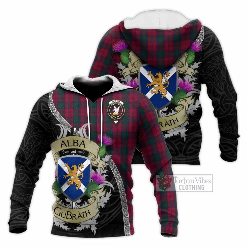 Tartan Vibes Clothing Lindsay Tartan Family Crest Knitted Hoodie Lion Rampant Royal Thistle Shield Celtic Inspired