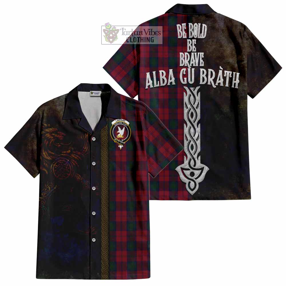 Tartan Vibes Clothing Lindsay Tartan Family Crest Short Sleeve Button Shirt Alba Gu Brath Be Brave Lion Ancient Style